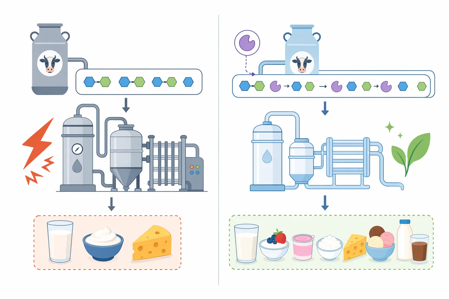 The same lactase reaction supports different outcomes depending on whether the dairy matrix is fluid milk, cultured dairy, frozen dessert, powder, bakery, or whey.