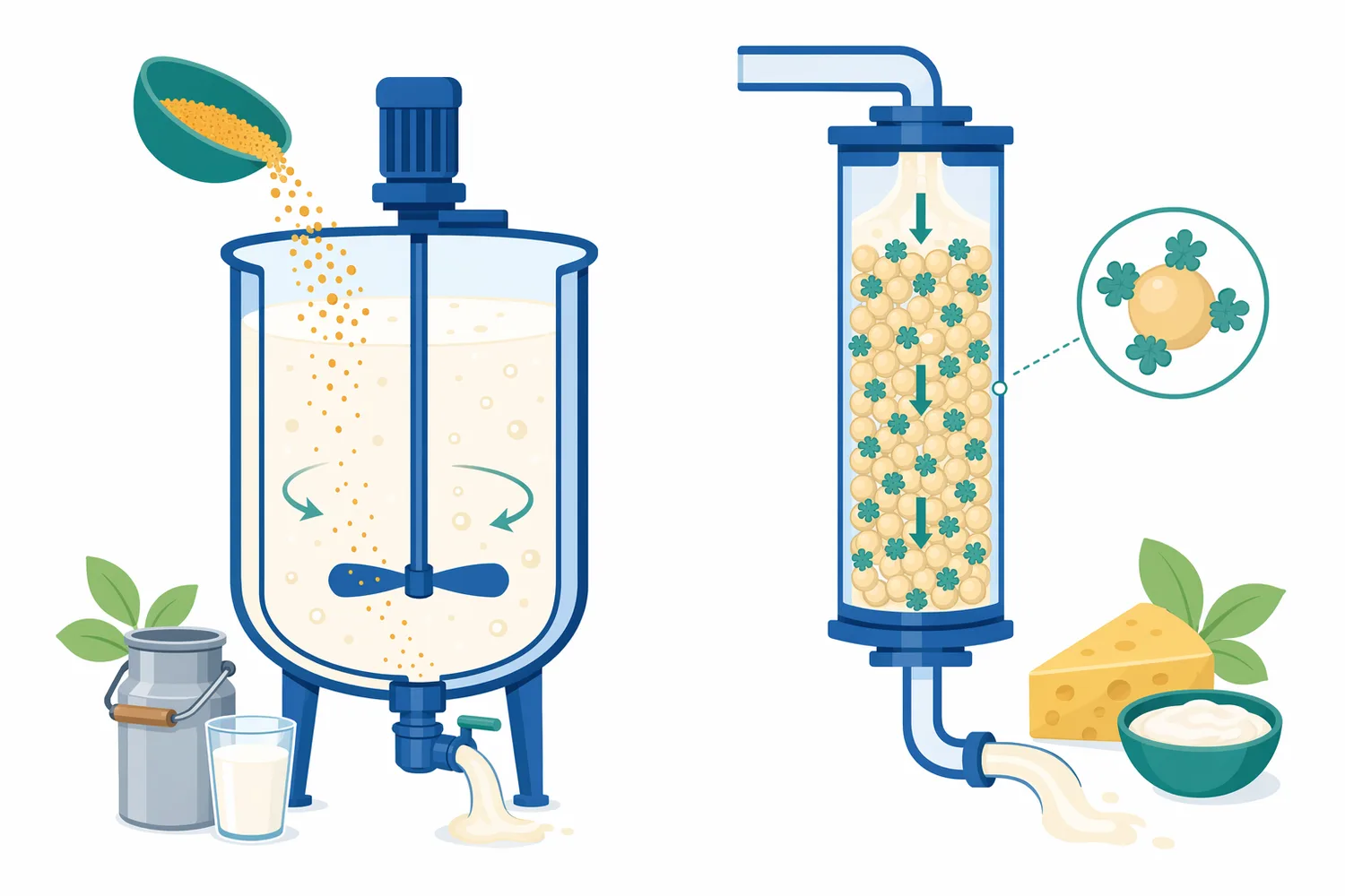 Soluble lactase powder is used by direct addition, whereas immobilized lactase systems retain the enzyme on a support for reuse or continuous processing.