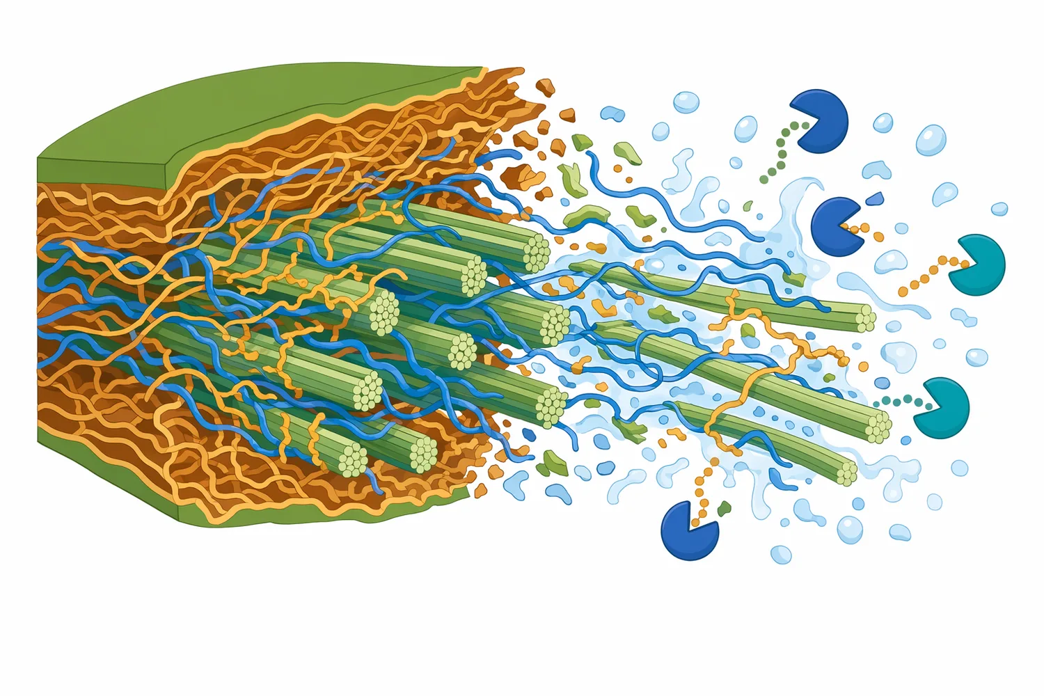 Pretreatment, hydration, and physical disruption increase the number of cellulose sites that acid cellulase can reach.