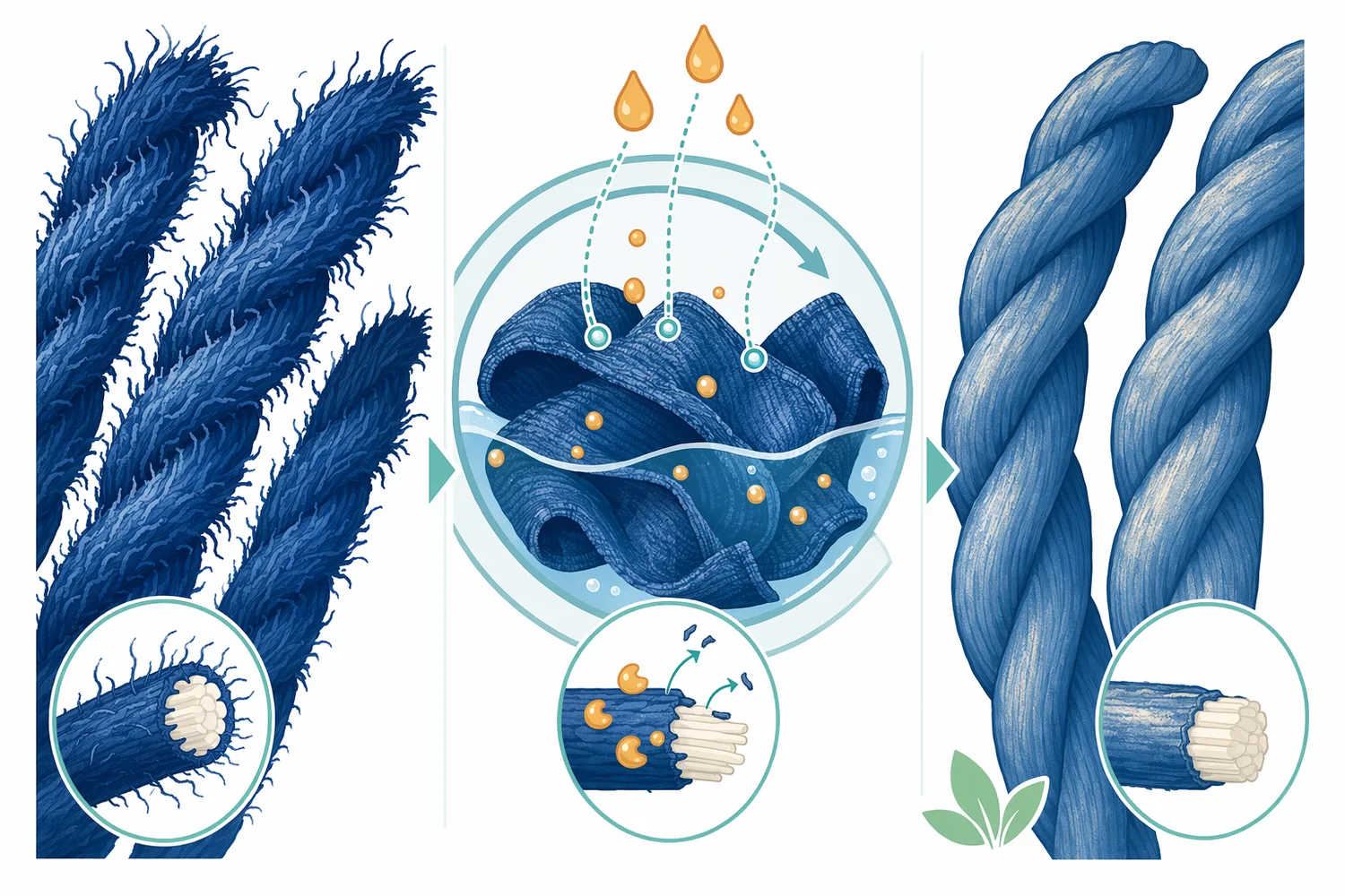 In denim and cotton finishing, acid cellulase acts mainly on exposed surface fibrils when treatment is controlled.