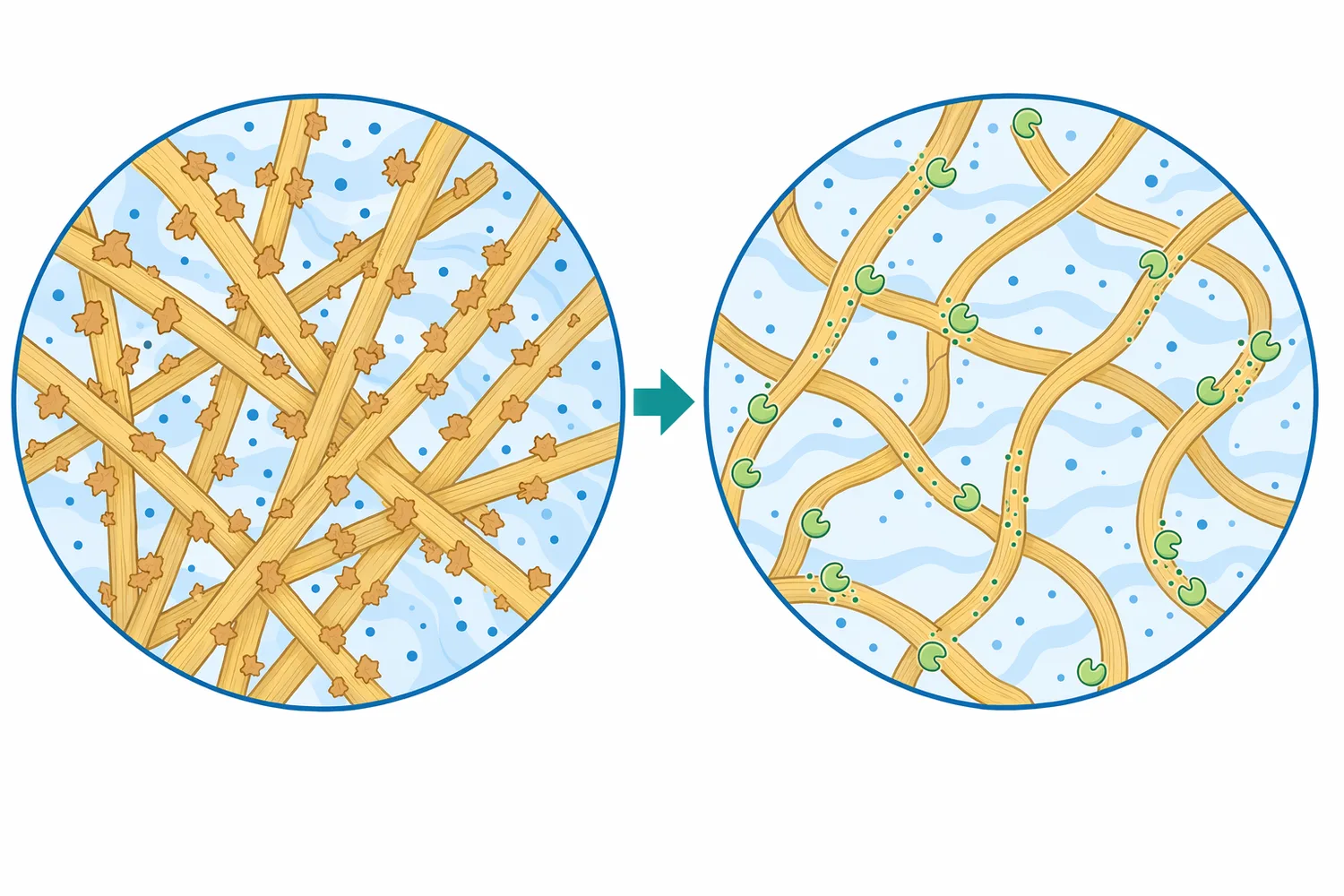 Controlled cellulase treatment in pulp and recycled fiber modifies accessible fiber surfaces rather than completely converting cellulose to sugars.
