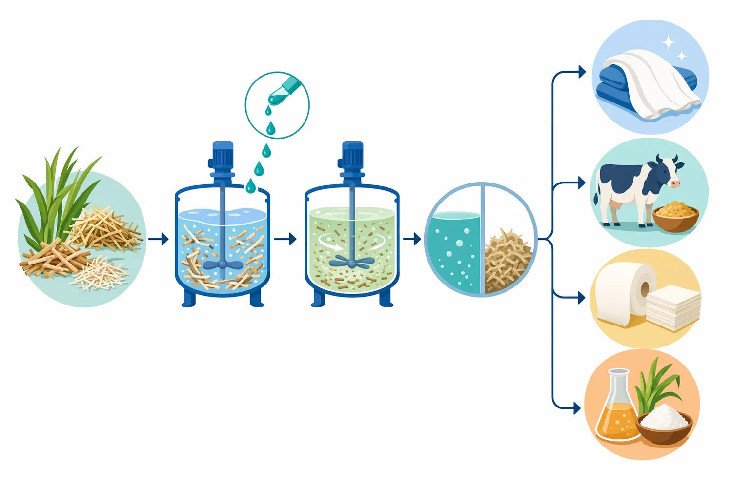 In biomass conversion, pretreatment opens residue structure, cellulase releases soluble sugars, and downstream fermentation or catalysis converts those sugars into biobased products.
