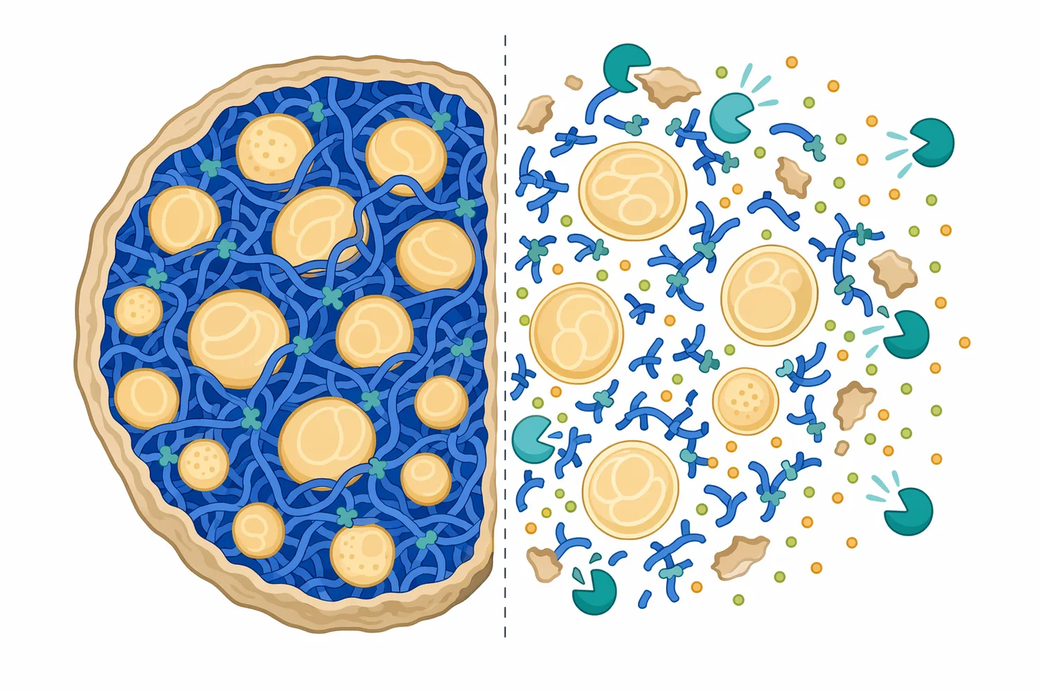 Protease-mediated protein hydrolysis can open the grain matrix and improve access to starch and soluble nutrients.