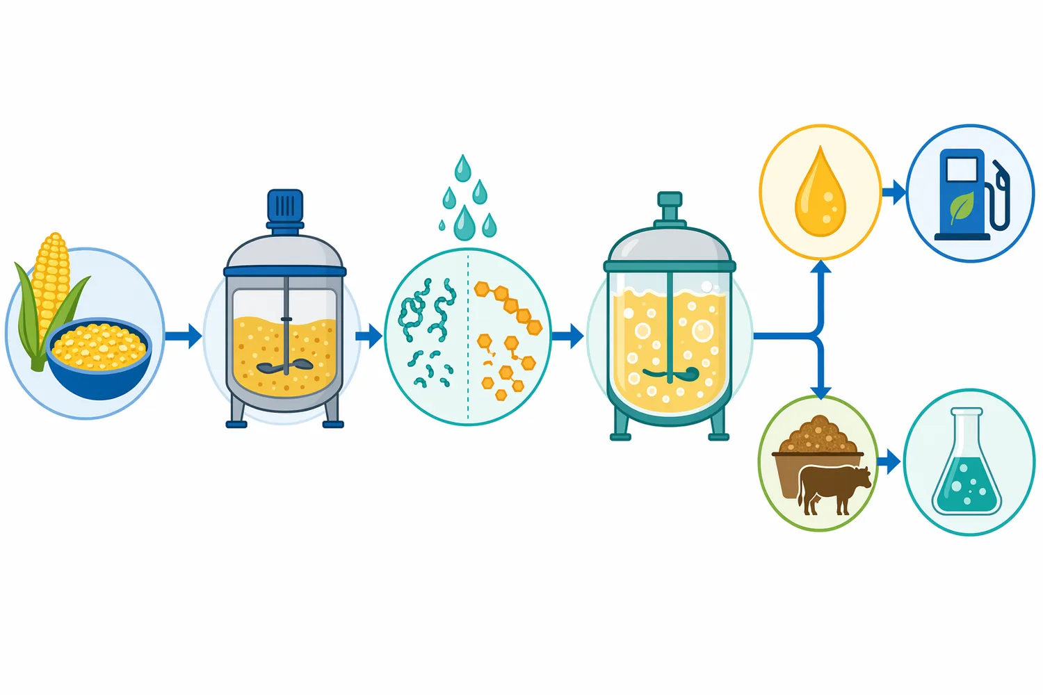 Acid protease supports starch ethanol fermentation by converting grain proteins into yeast-available nitrogen while starch enzymes generate fermentable sugars.
