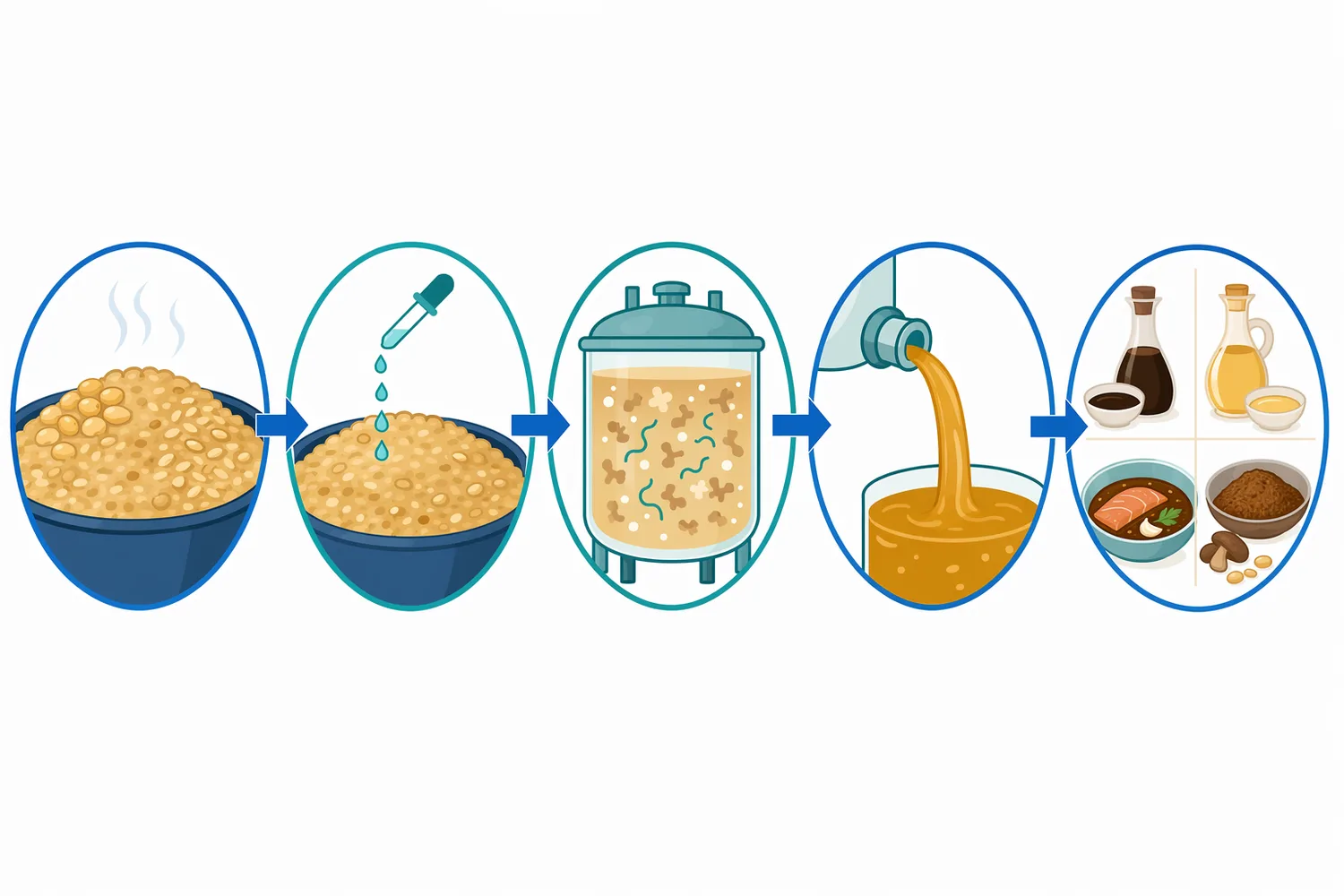 In soy sauce-style fermentation, acid protease supports the central workflow from protein-rich raw materials to peptides, amino acids, amino nitrogen, and mature savory flavor.