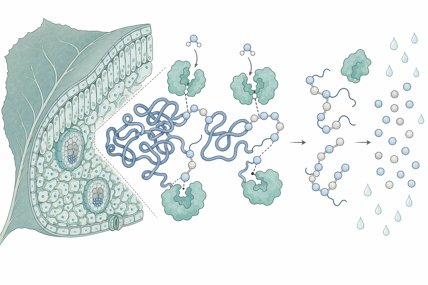Acid protease hydrolyzes accessible peptide bonds in leaf proteins to form shorter peptides and amino-acid-containing fragments.
