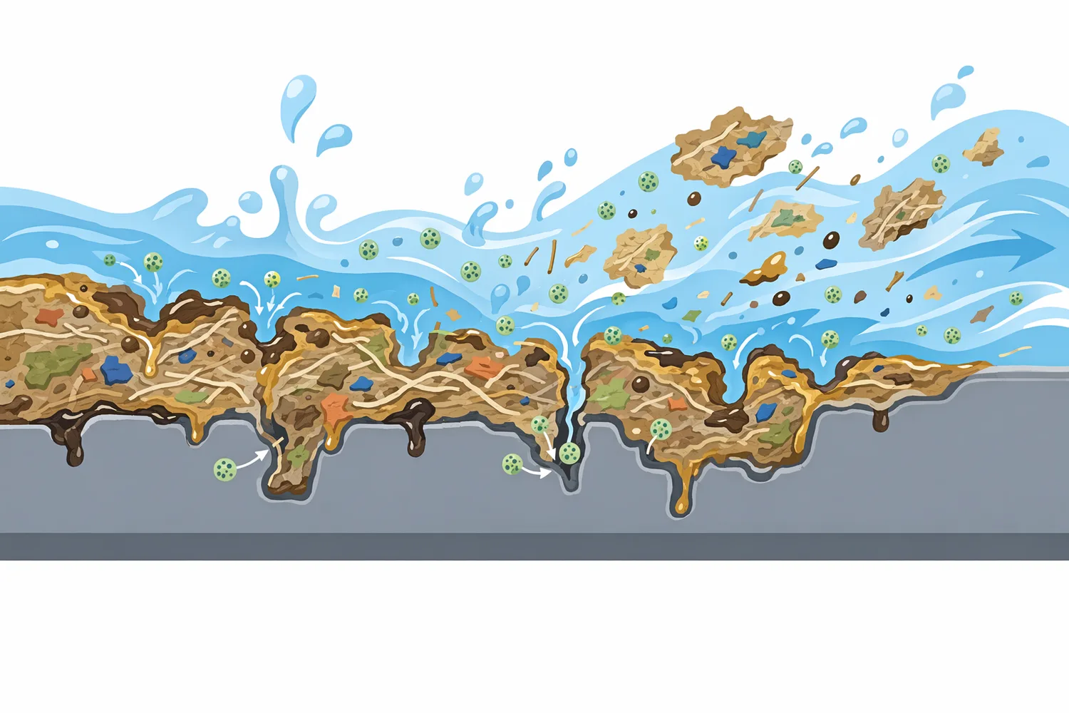 Adhesive-contaminant control is a surface-driven process aid that weakens mixed organic residues so normal washing and separation can remove them more effectively.
