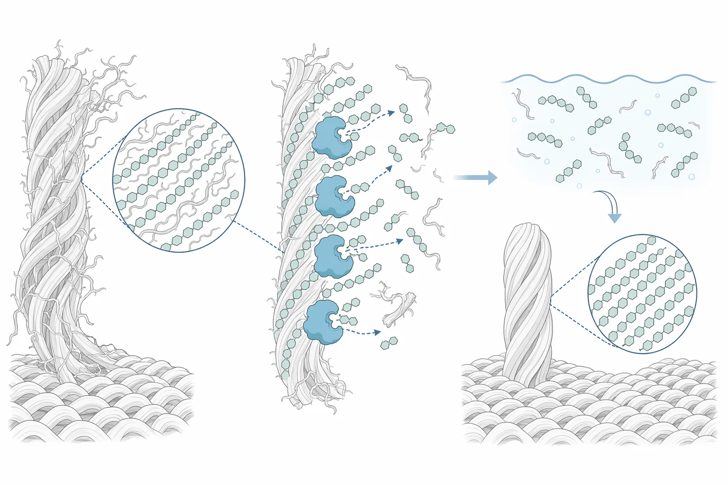 Alkaline cellulase acts on accessible cellulose microfibrils at the cotton surface rather than digesting the bulk garment.