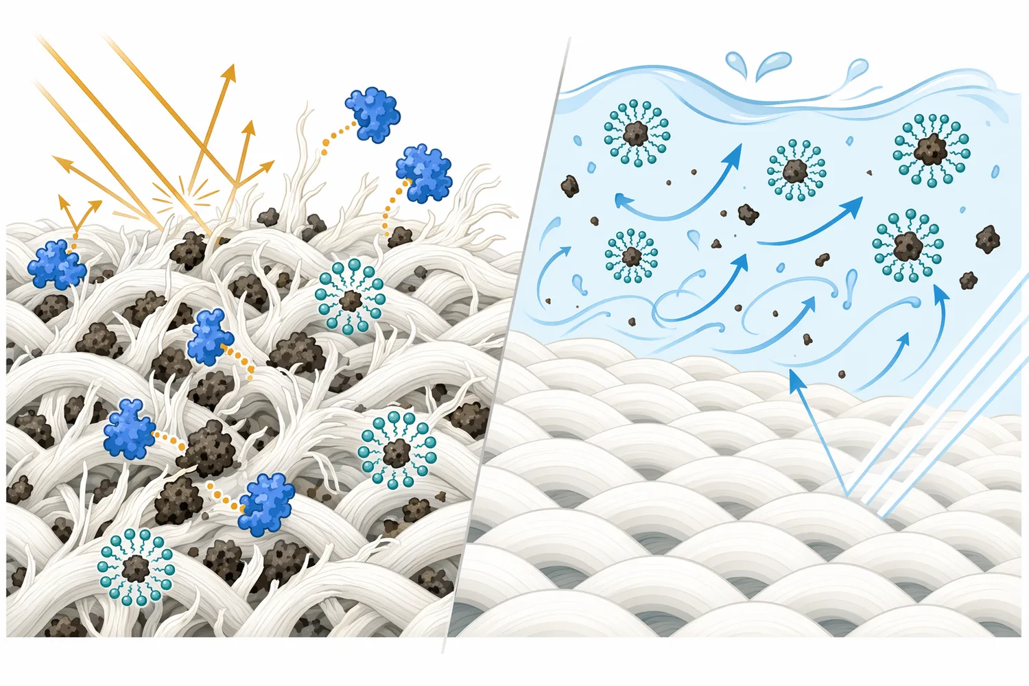 Trimming raised cotton fibrils reduces physical soil retention and light scattering on worn cotton surfaces.