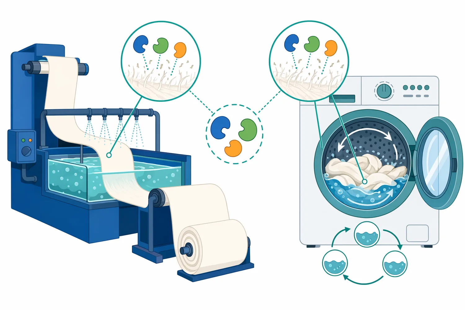 Laundry cellulase and textile biopolishing share the same principle of controlled cellulose-surface modification under different process conditions.