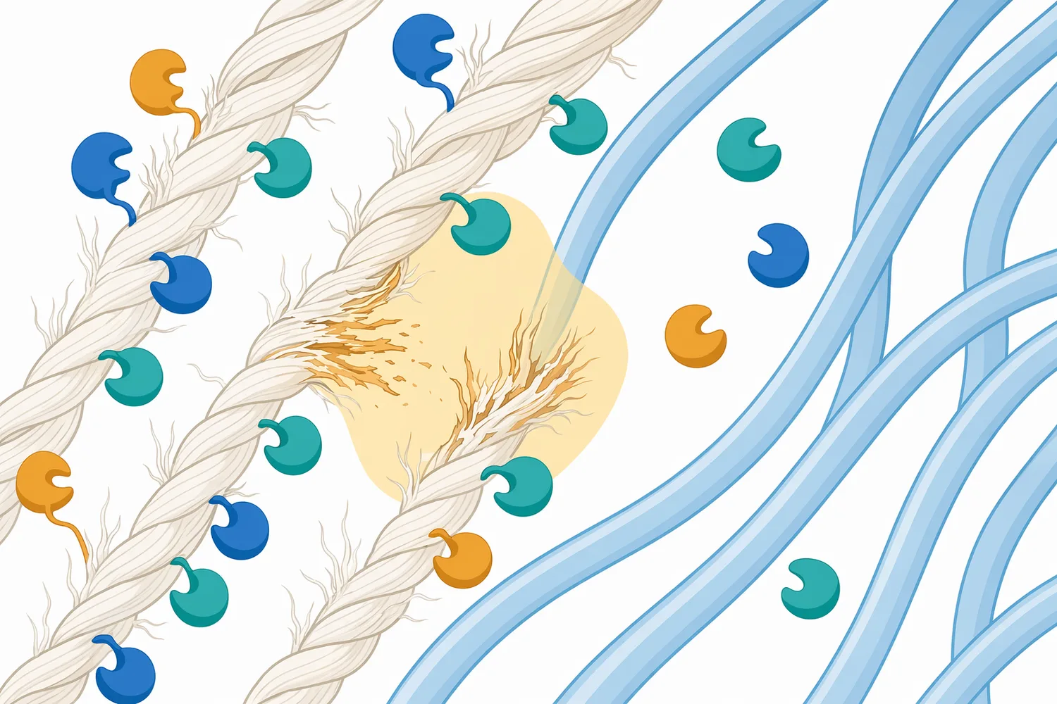 Alkaline cellulase is expected to act on accessible cellulose in cotton or cotton-rich fabrics, not on non-cellulosic fibers such as polyester.