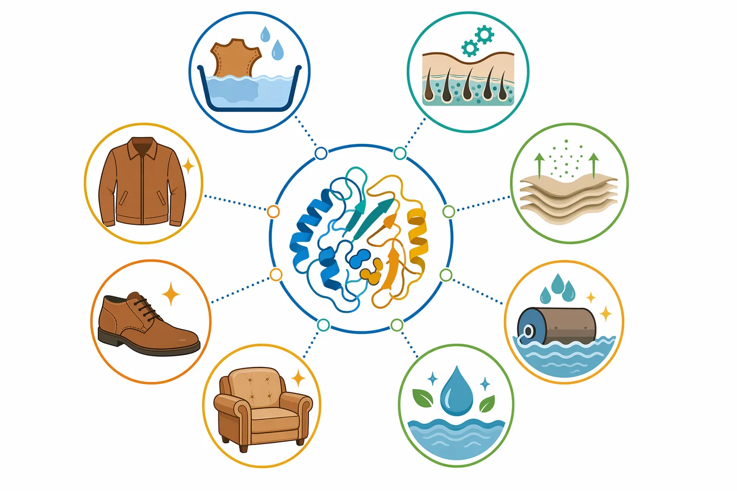 Protein-rich residues such as hair, wool, fleshings, trimmings, and sludge fractions can be hydrolysed into smaller peptide-rich materials for easier handling or further processing.