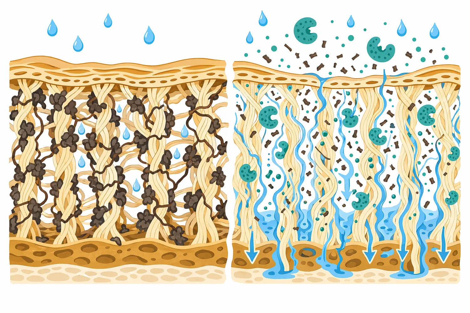 In soaking, protease hydrolysis helps remove soluble and weakly bound proteins that obstruct water uptake and uniform rehydration.