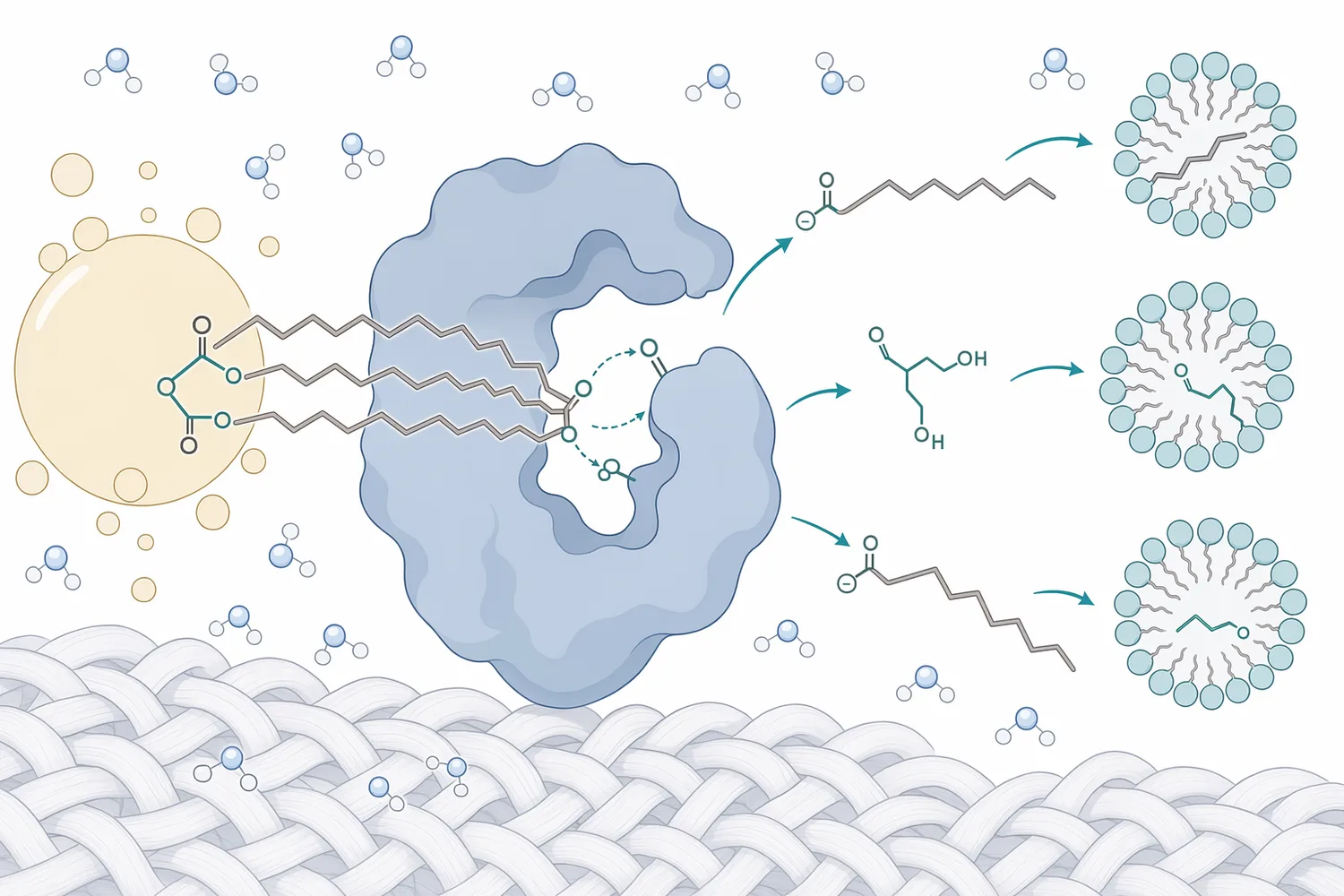Alkaline lipase hydrolyzes ester bonds in triglycerides to form smaller lipid fragments such as diglycerides, monoglycerides, glycerol, and free fatty acids.