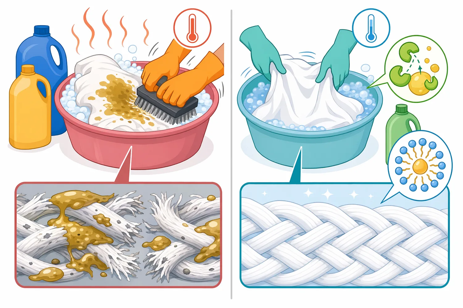 Different detergent enzymes target different stain chemistries, with lipase focused on fats and oils rather than proteins, starches, cellulose effects, or mannans.