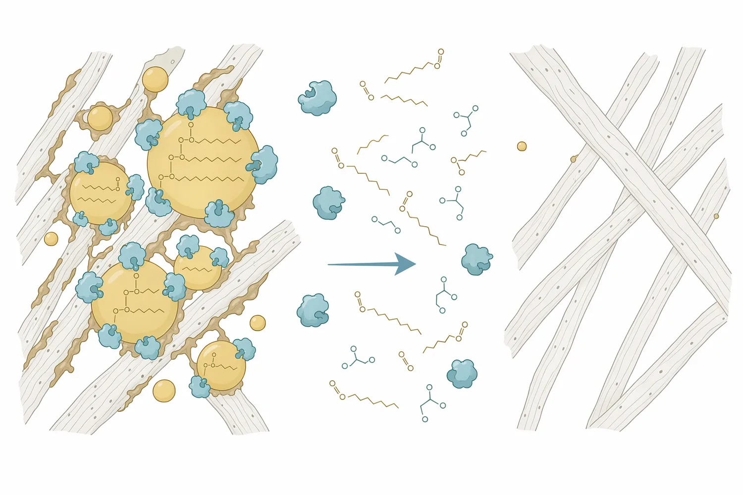 Lipase hydrolyzes ester bonds in triglycerides and fatty esters, converting hydrophobic neutral lipids into smaller, more dispersible products under alkaline conditions.