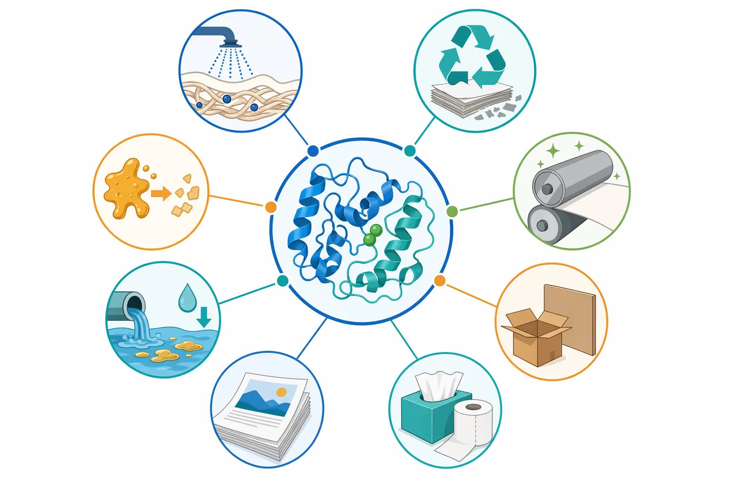 Alkaline lipase is most relevant to pitch-prone virgin pulp, recycled fiber deinking, whitewater contaminant control, and selected pulp-cleanliness support.