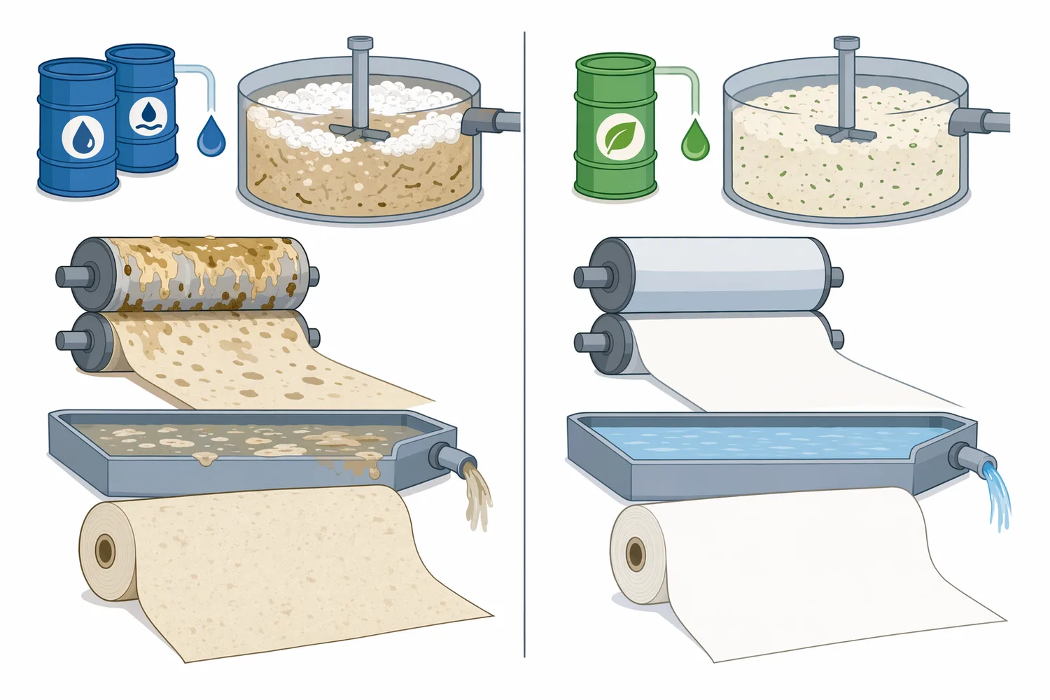 Different paper enzymes target different substrates, with lipase acting on lipid esters rather than cellulose, xylan, lignin, or inorganic scale.