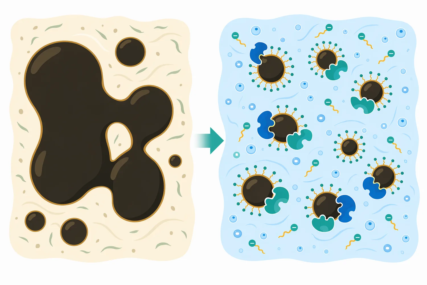 Alkaline conditions can make fatty-acid hydrolysis products more ionized and dispersible than the original neutral triglyceride-rich droplets.