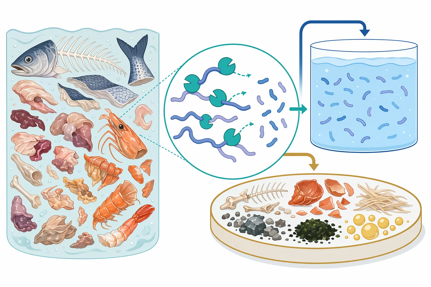 Alkaline protease acts on the protein fraction of fish and shrimp scraps while non-protein materials follow separate separation behavior.