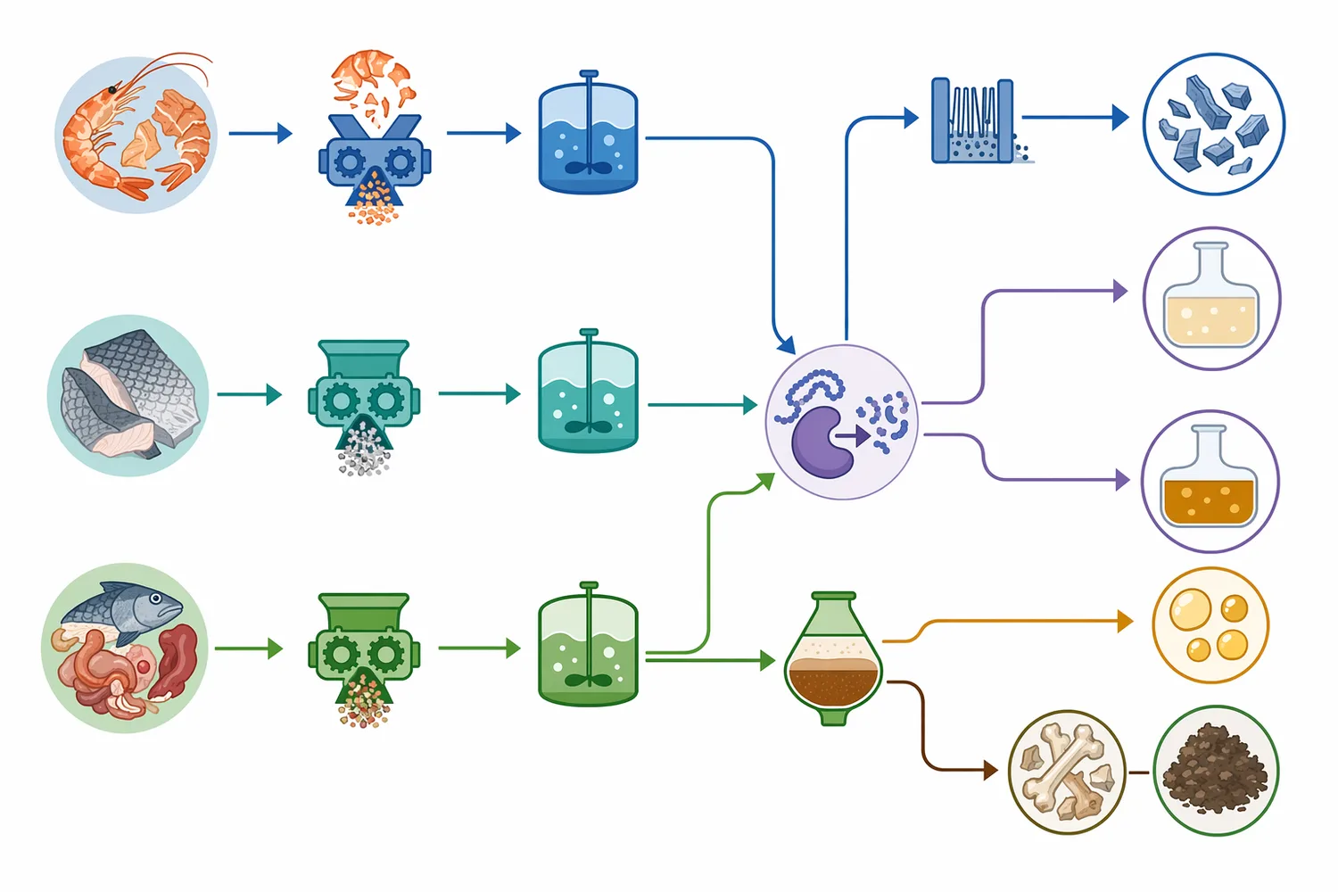 Different seafood substrates require different endpoints because protease hydrolysis does not optimize every fraction or product quality attribute by itself.