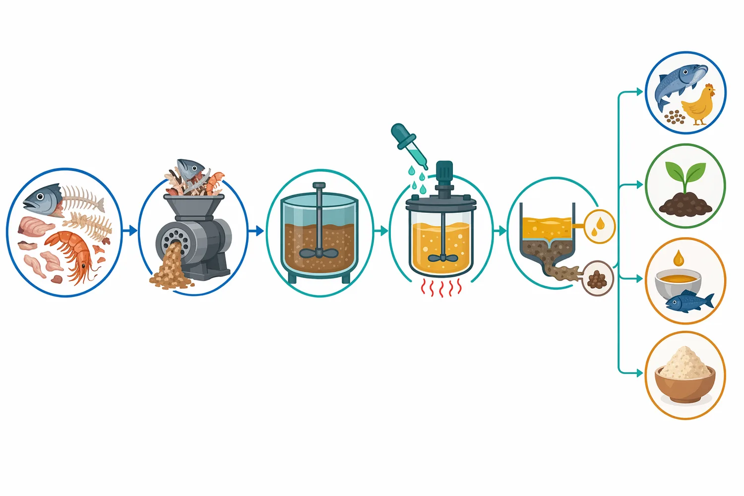 A controlled seafood-slurry process typically combines size reduction, hydration, enzyme contact, timed hydrolysis, and separation into peptide-rich liquid and residual solids.