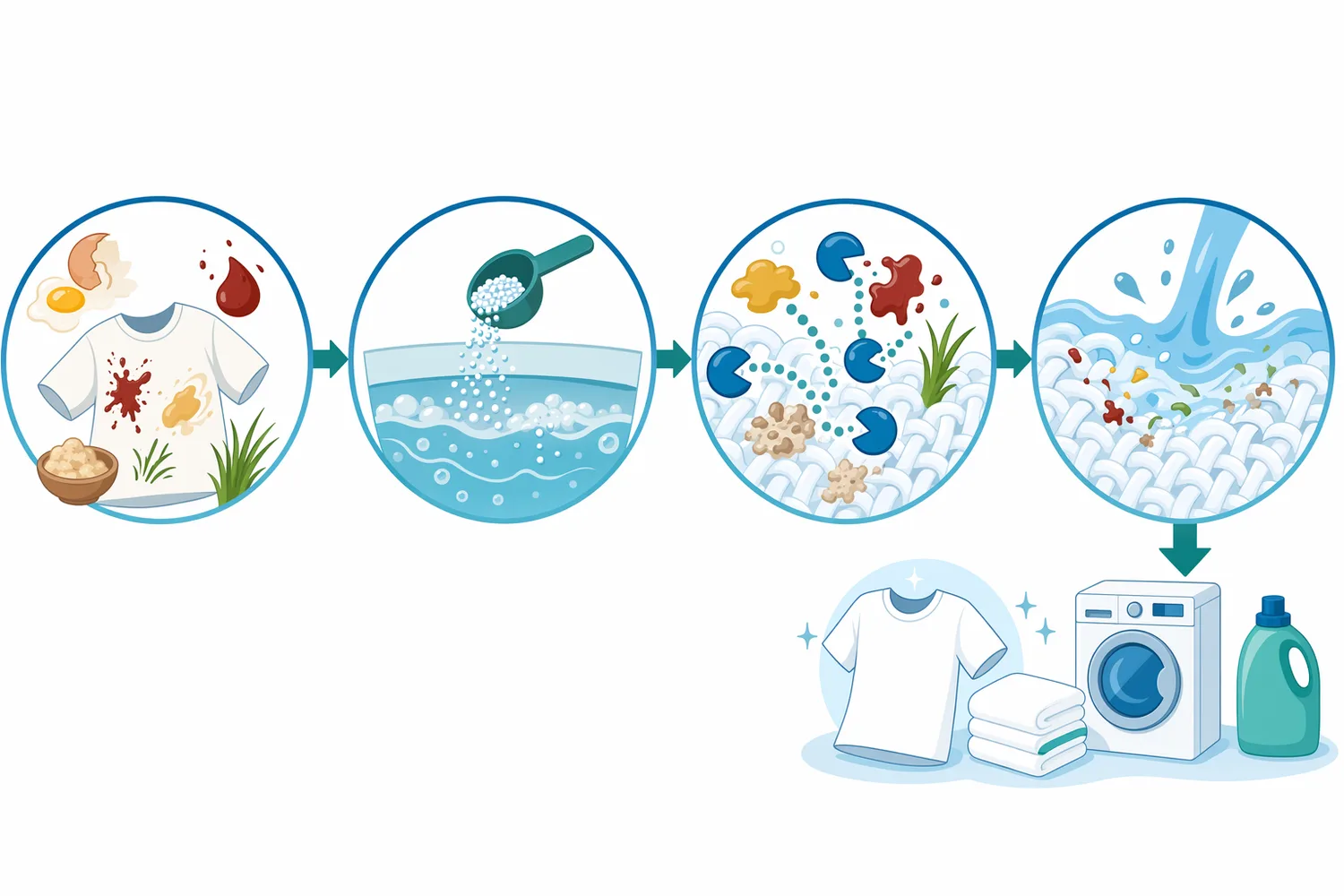 In detergent workflows, alkaline protease is dosed into the wash to digest protein soils and improve stain release at moderate temperatures.