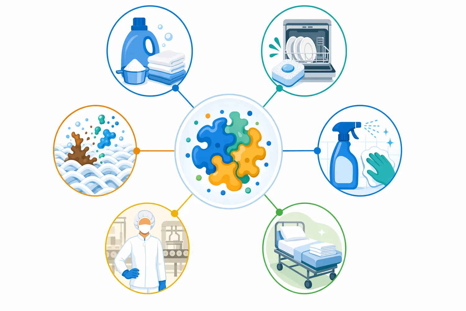 Alkaline protease is useful across detergent, leather, textile, film-recovery, and waste-treatment applications when the target material is proteinaceous.