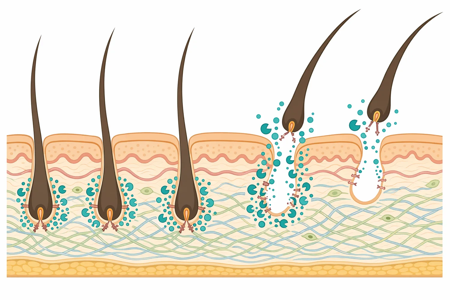 In leather dehairing, alkaline protease weakens proteins around hair roots while the collagen matrix must be preserved by process control.
