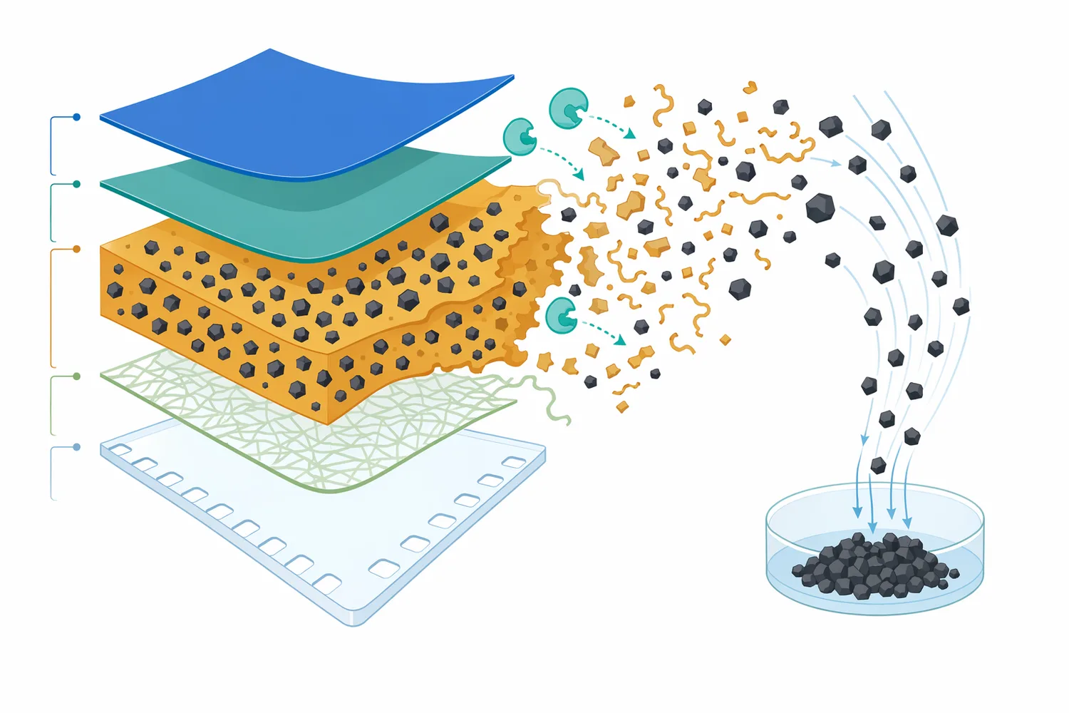 Alkaline protease can hydrolyze the gelatin binder in used X-ray film to support separation of silver-bearing material from the plastic support.