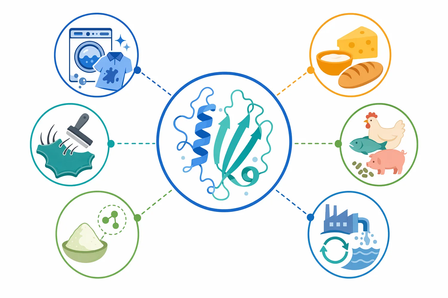 Major alkaline protease applications include detergents and alkaline cleaning, food and feed protein modification, leather processing, and protein-rich waste treatment.