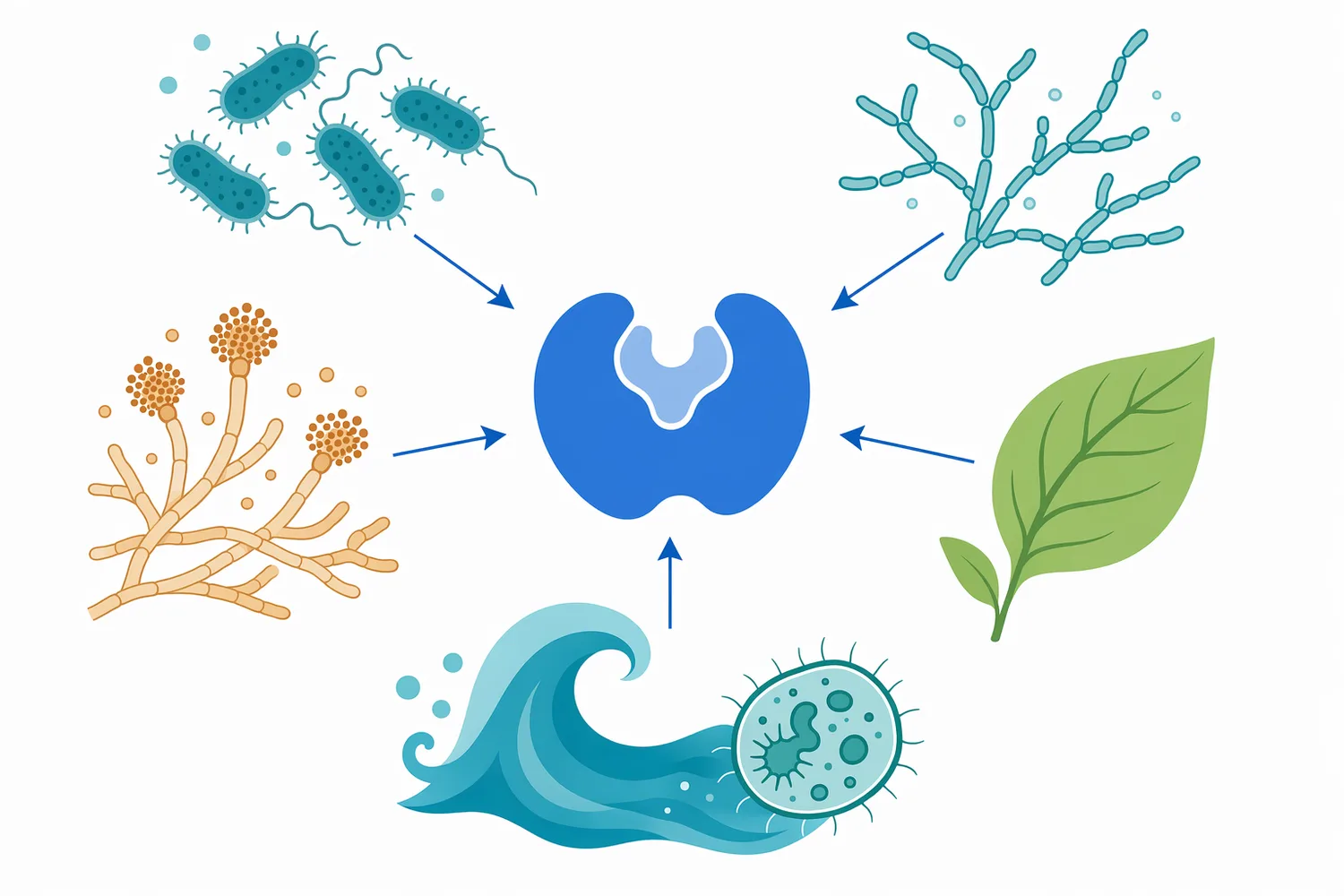 Alkaline protease is a functional enzyme category reported from bacterial, actinomycete, fungal, plant, and marine-associated sources.