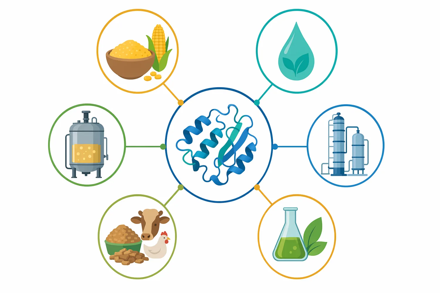 The same starch-cutting chemistry supports distilling, brewing adjunct processing, textile desizing, food and baking modification, and other starch-processing applications.