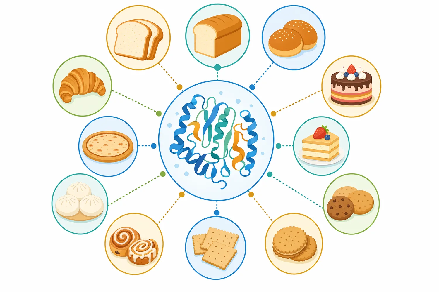 Bakery-grade alpha amylase is used across bread, buns, cakes, biscuits, crackers, and other flour-based baked goods.