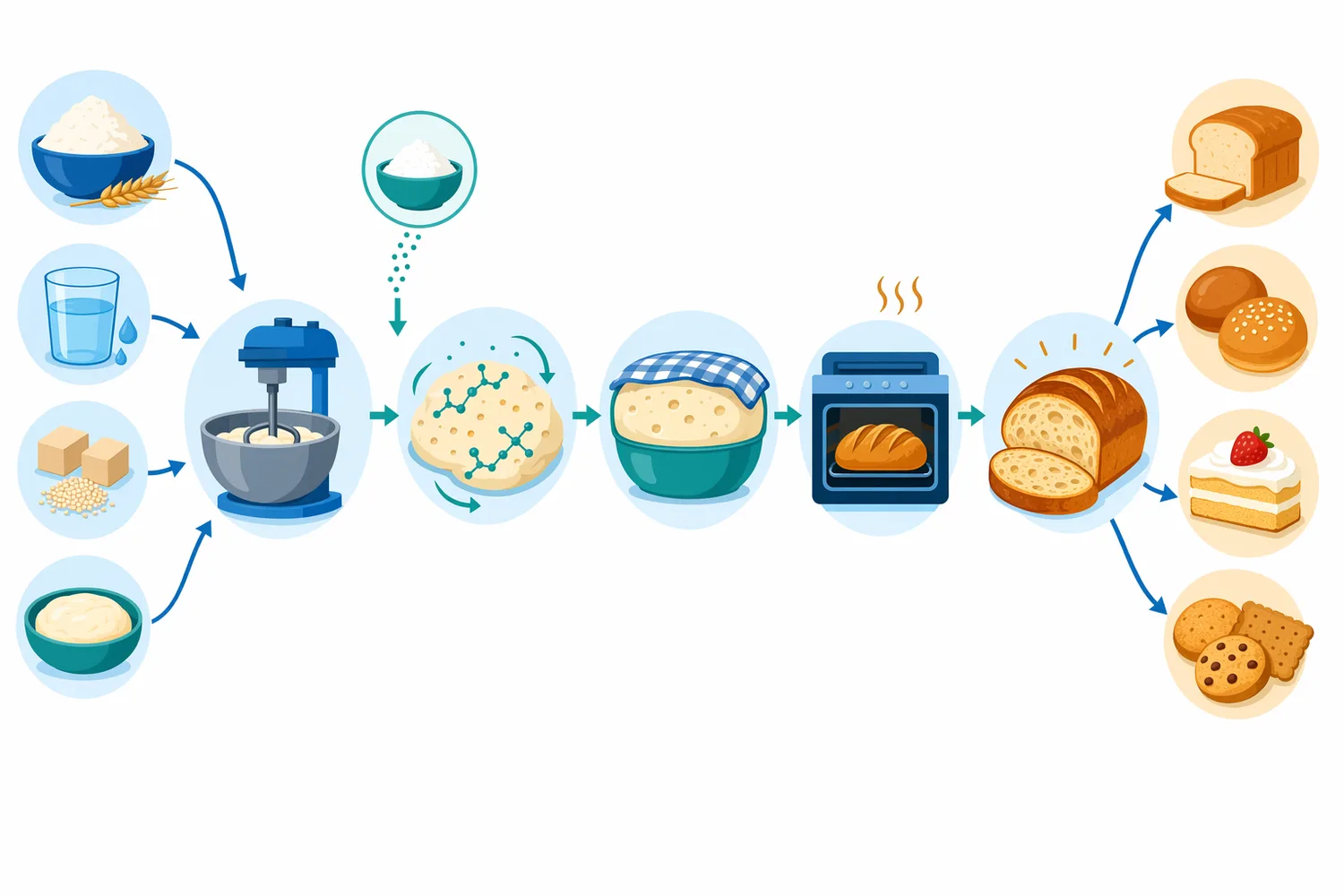 In bakery processing, alpha amylase is dosed into flour systems to improve dough fermentation, loaf volume, crust color, and crumb softness.