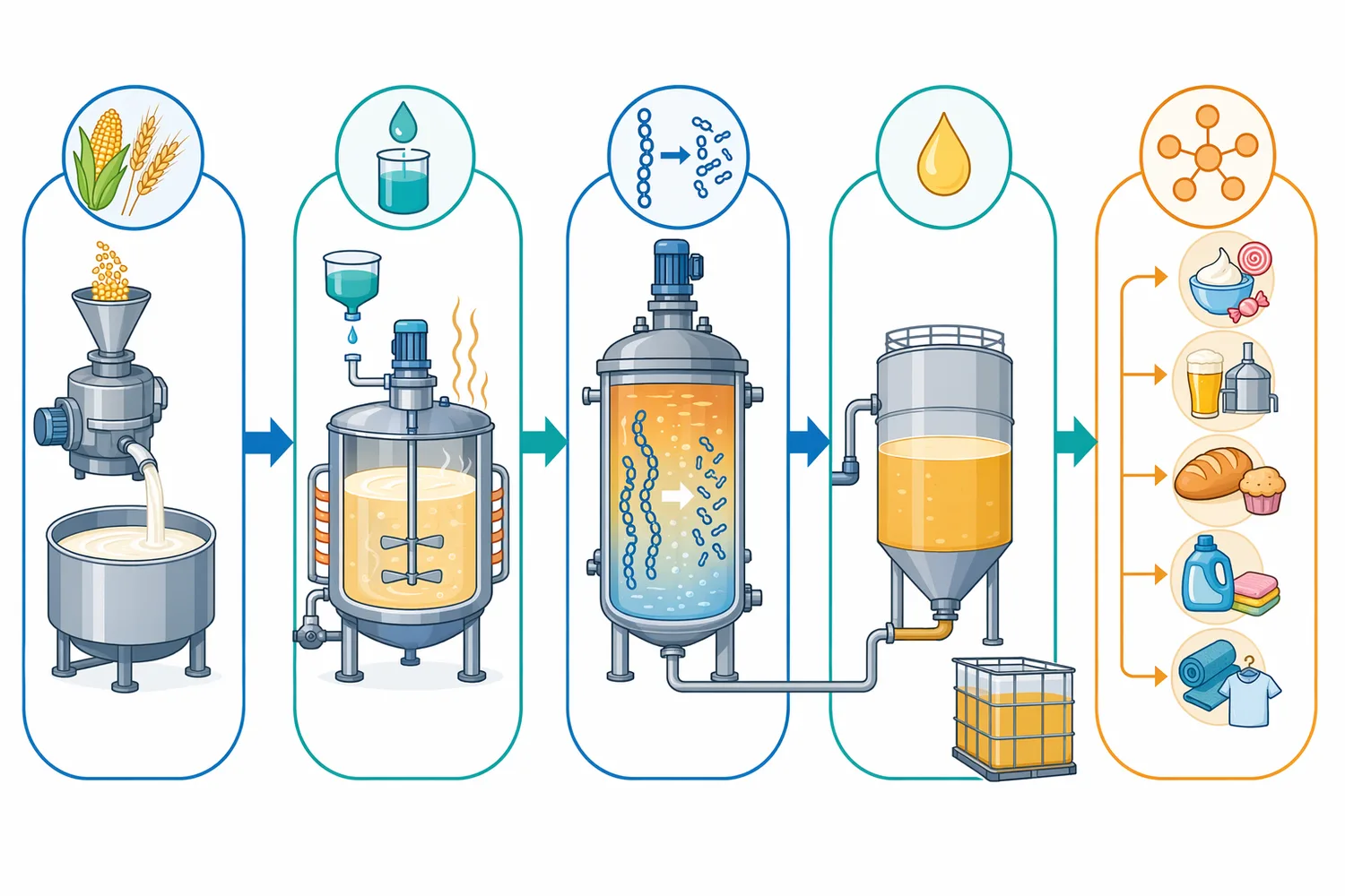 In liquefaction, heated starch becomes viscous, alpha-amylase cleaves internal chains, and the resulting dextrin-rich stream is easier to pump and process.
