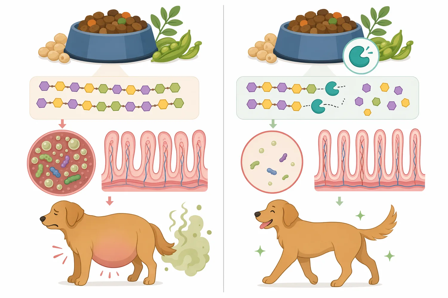 Protease, amylase, lipase, cellulase, and alpha galactosidase each target different dietary substrates in mixed dog foods.