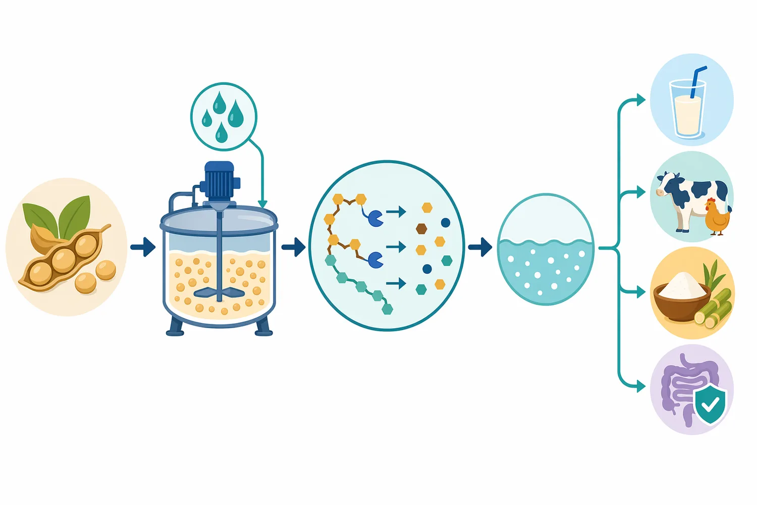 Effective alpha-galactosidase treatment depends on hydration, substrate access, enzyme contact, hydrolysis, and the resulting shift in oligosaccharide profile.