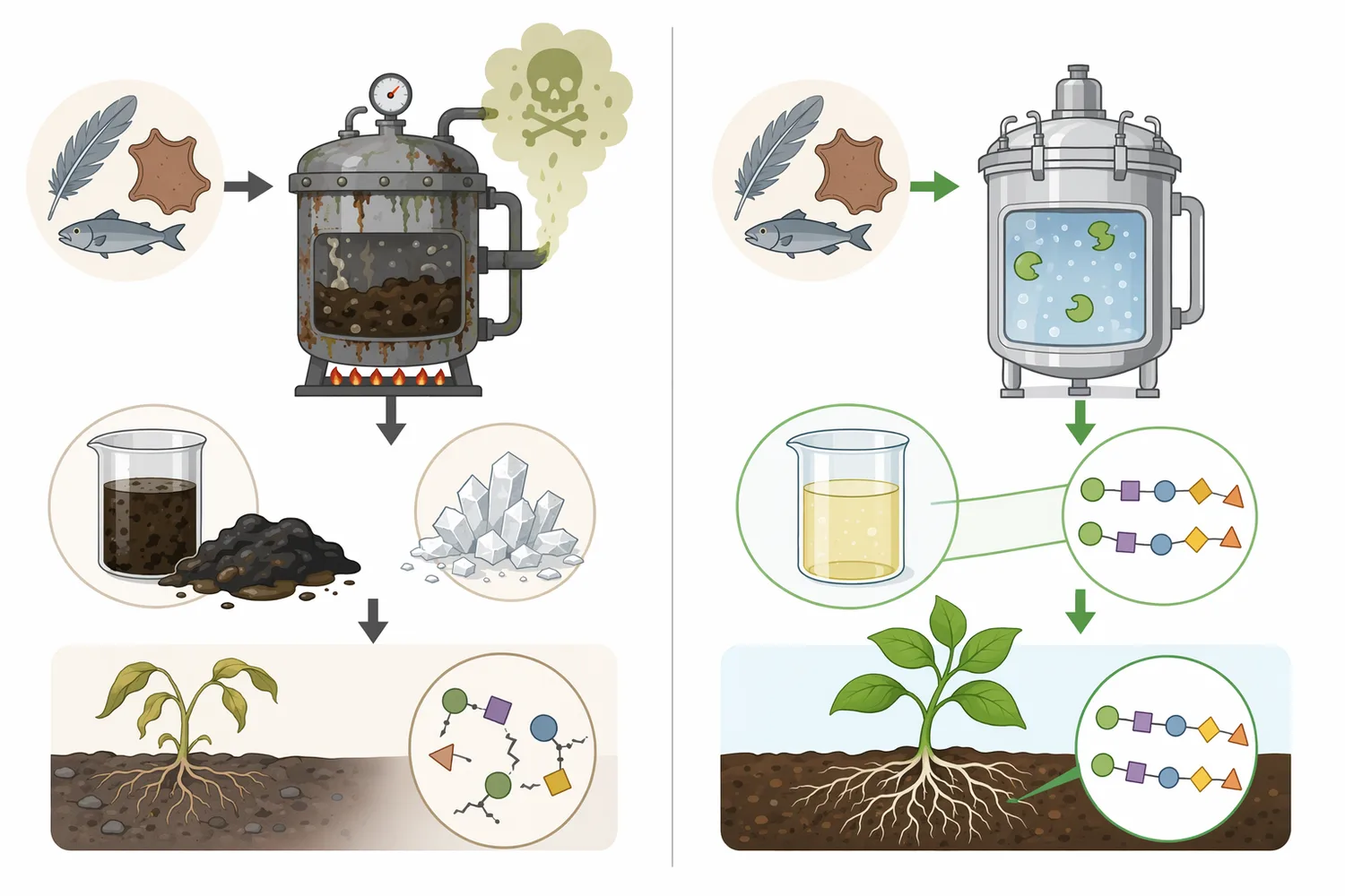 Mineral salts, amino-acid ingredients, catalytic enzymes, humic substances, and biochar amendments differ in their primary functions and mechanisms.