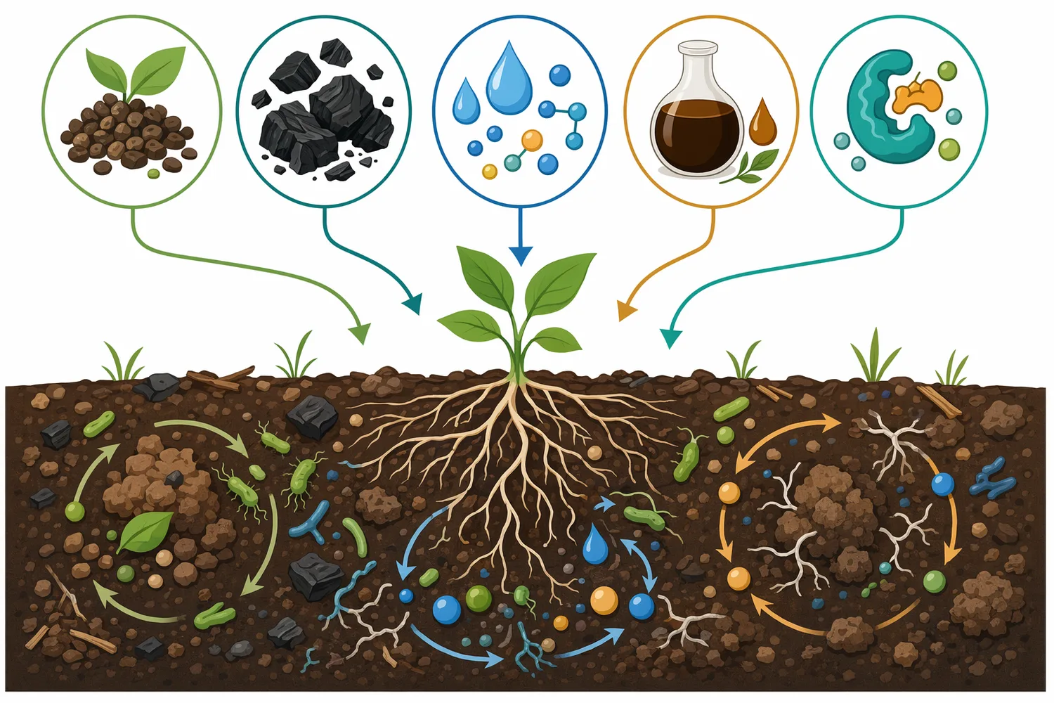 Fertilizer performance is linked to biochemical cycling involving soil enzymes, organic carbon, microbes, roots, and nutrient forms.