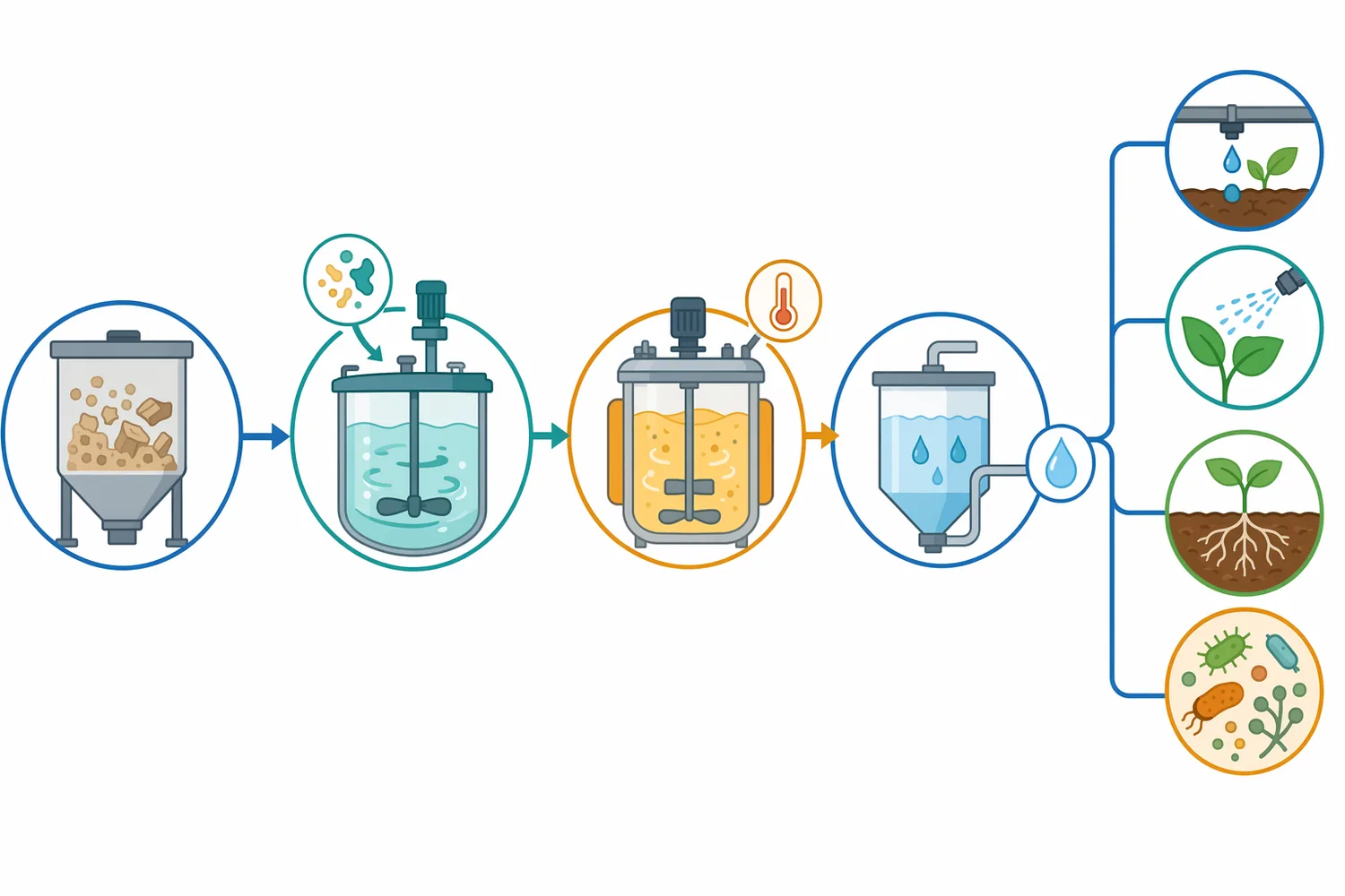 Aqueous enzyme treatment can convert selected organic nutrient fractions before mineral and amino-acid components are finalized into a water-soluble fertilizer blend.