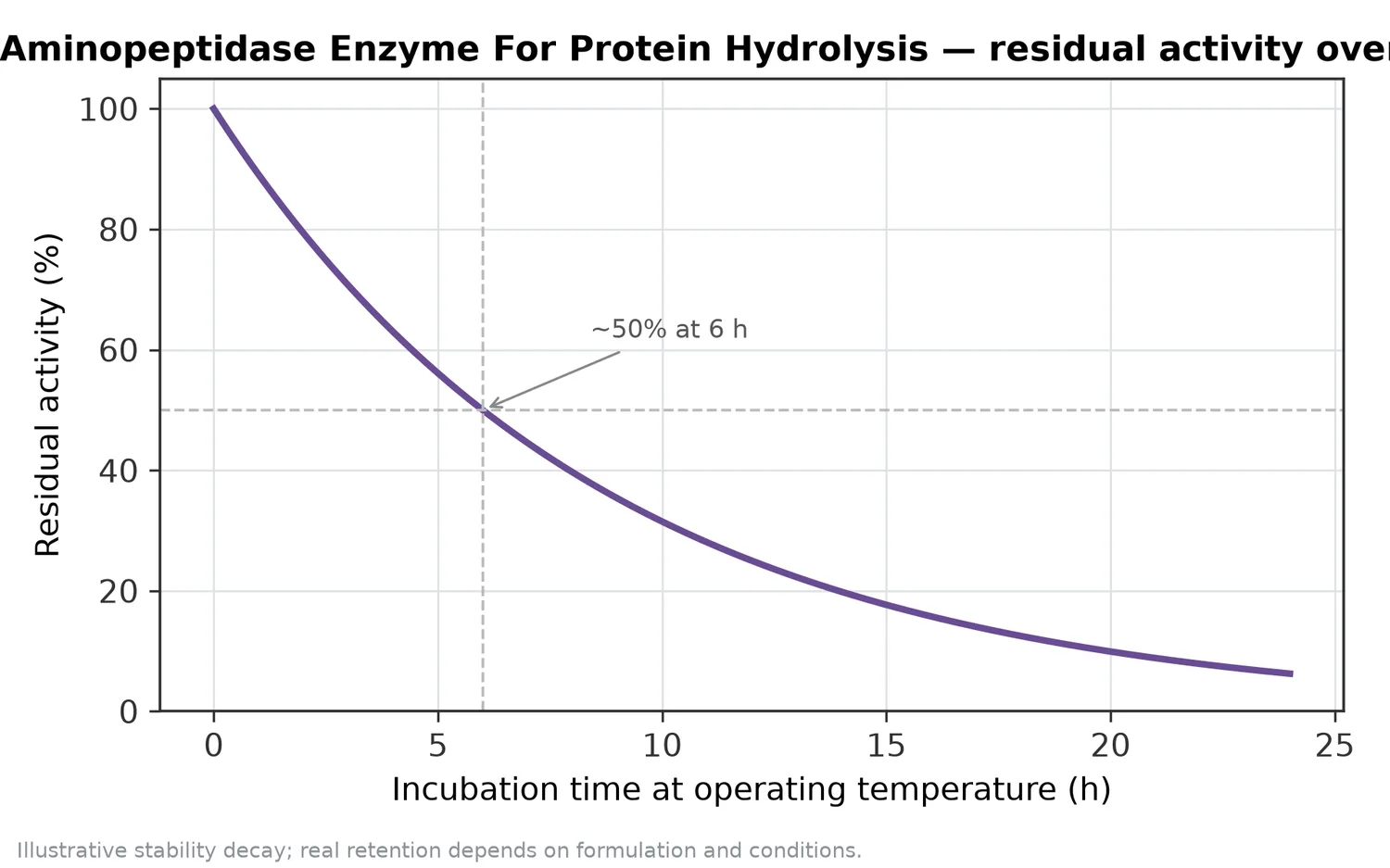 Illustrative thermal-stability decay of Aminopeptidase Enzyme For Protein Hydrolysis — residual activity falling over time at the operating temperature.