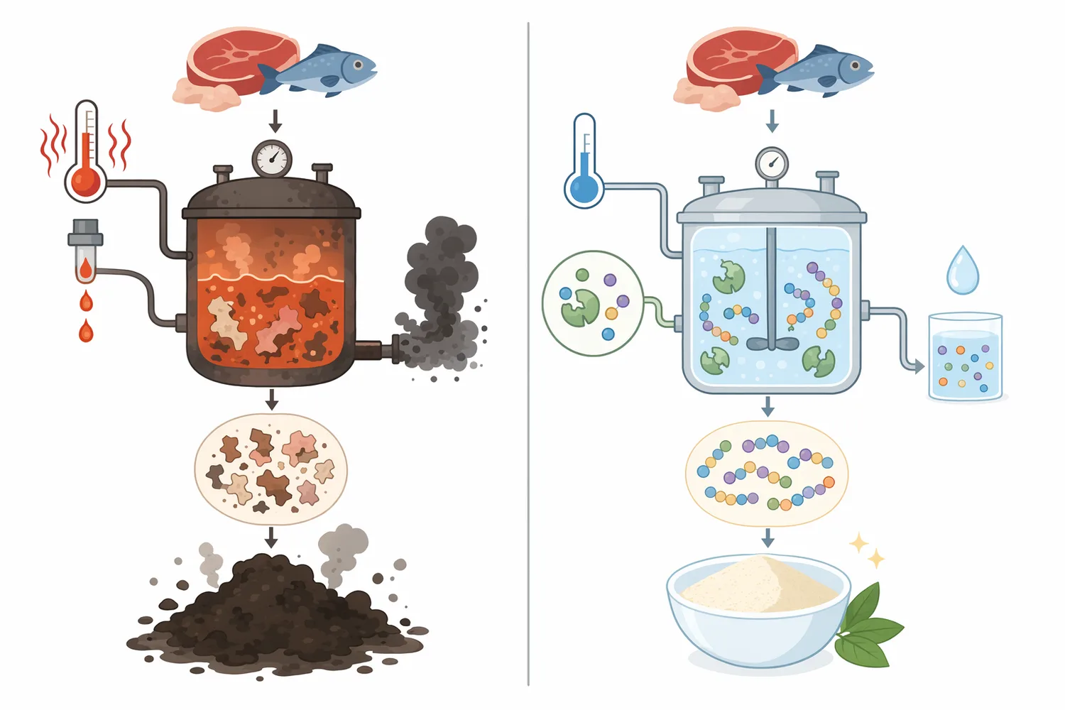 Compared with harsh chemical hydrolysis, aminopeptidase processing offers milder and more selective protein hydrolysis with improved product quality.