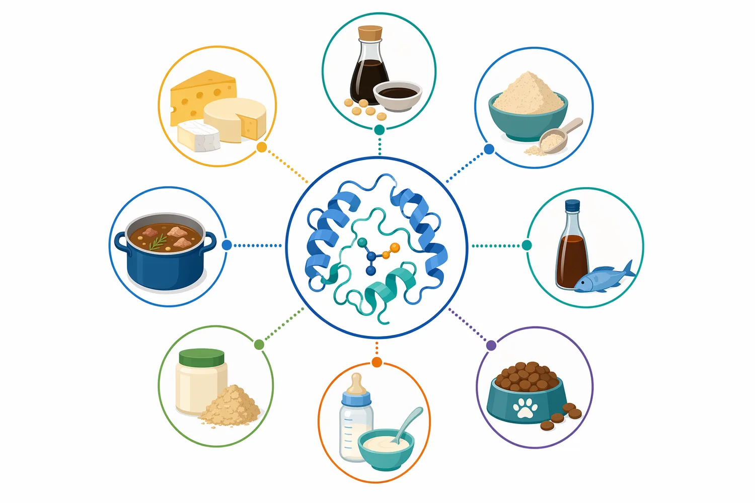 Aminopeptidase applications include protein hydrolysates, meat and poultry processing, dairy ripening, plant by-product upgrading, fermented condiments, nutrition, and feed ingredients.