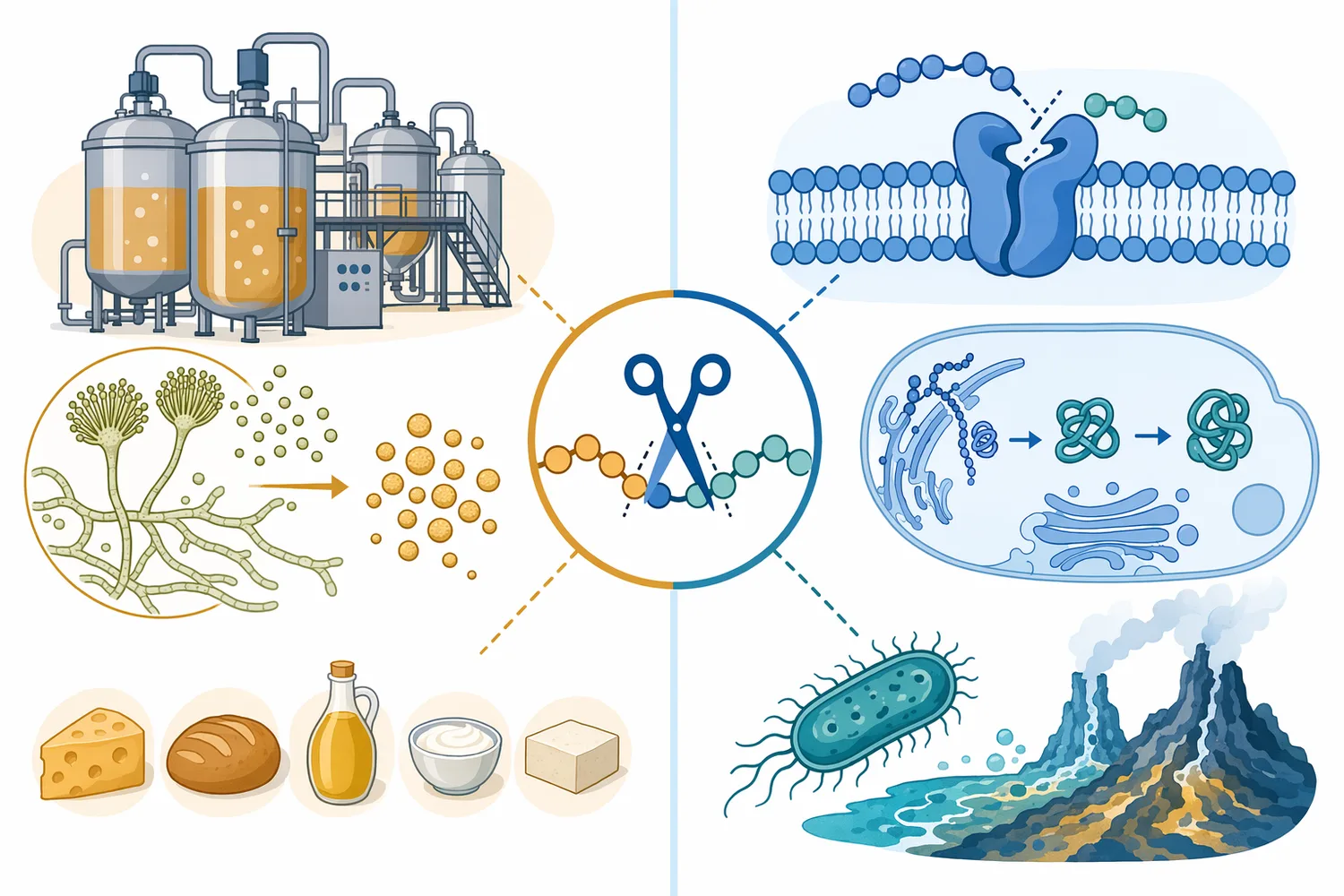 Aminopeptidases occur in microbial, animal, human, and extremophile systems, while food-enzyme production commonly emphasizes microbial sources.