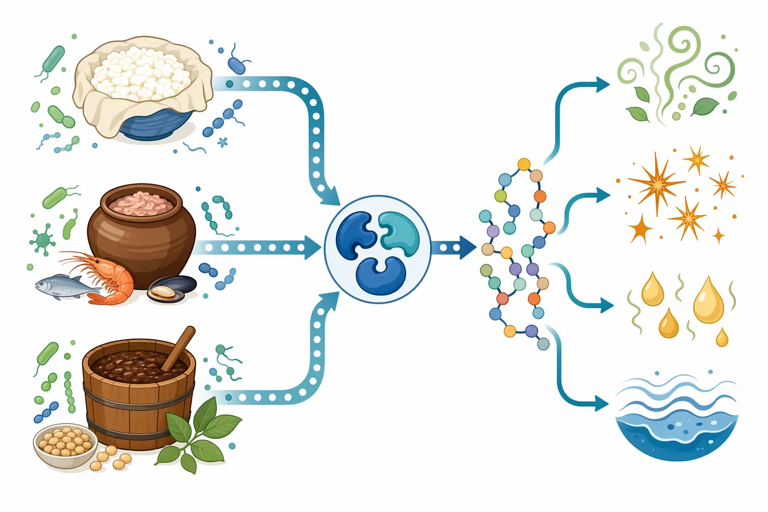 In fermented and ripened foods, aminopeptidase-released amino acids can contribute directly to taste and serve as precursors for aroma chemistry.