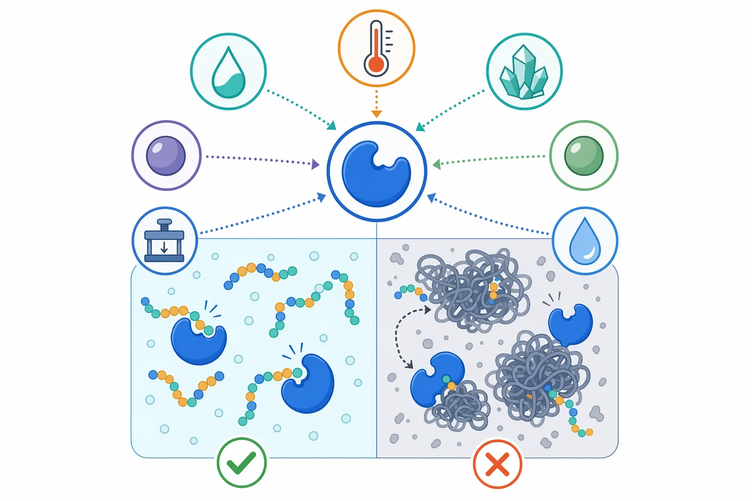 Aminopeptidase performance depends on accessible N-termini and on matrix conditions such as pH, temperature, salt, metal ions, pressure, and substrate solubility.