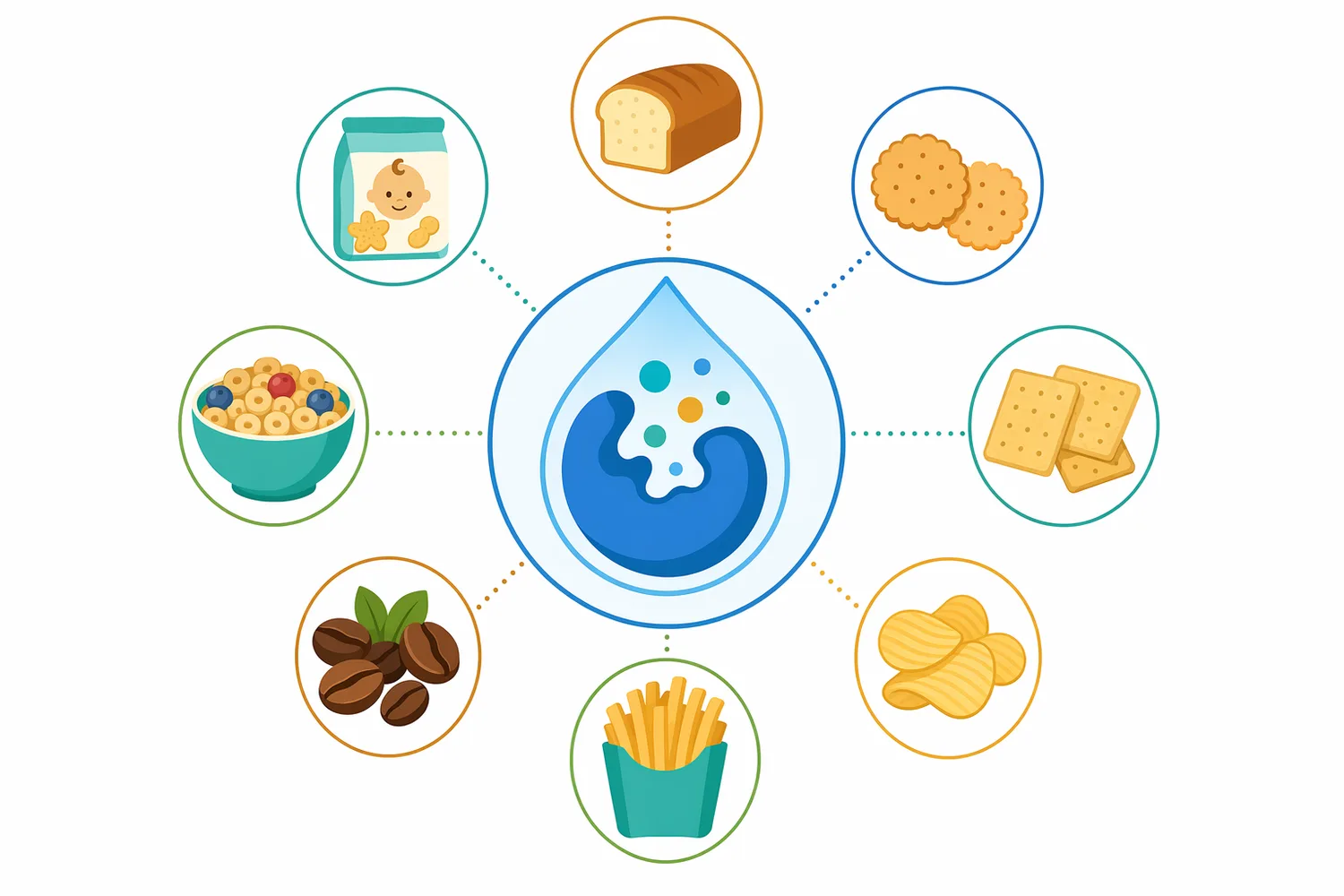 The main food applications include bakery products, cereal snacks, fried or baked potato products, and hydrated ingredient pre-treatments.