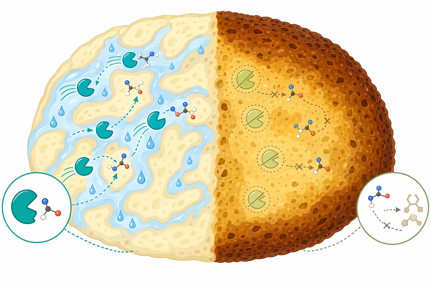 The enzyme must contact soluble L-asparagine in a moist matrix before heat and drying limit enzymatic hydrolysis.