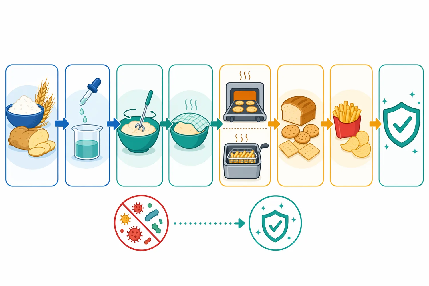 Asparaginase is applied before baking, frying, or roasting so the precursor pool is lowered before high-temperature Maillard chemistry begins.
